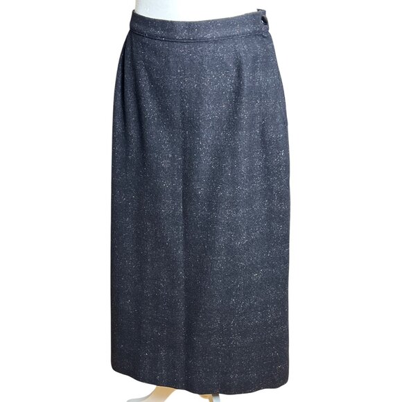 Vintage Dresses & Skirts - Vtg Tweed Wool Skirt Black Pencil Speckled Kick Pleat Preppy Heritage Womens 6